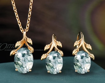 Twig Oval Cut Green Moss Agate Hook Earrings Necklace Jewelry Set Leaf Branch Aquatic Agate Pendant 14k Gold Drop Earring Wedding Gift Women
