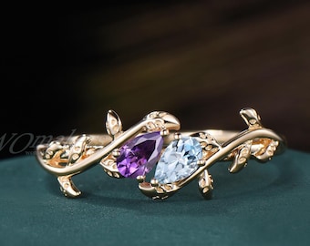 Double Pear Cut Natural Aquamarine Amethyst Ring Leaf Twig Branch Vine Teardrop Birthstone Ring Gift For Twin Sister Couple Birth Jewelry