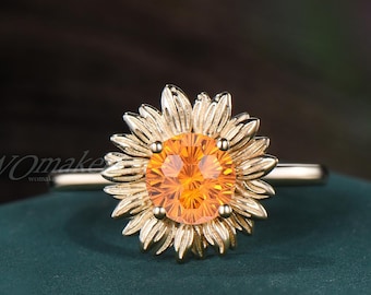 Sunflower Round Fireworks Cut Spessartite Garnet Engagement Ring, 14k Gold Solitaire Flower Ring, Floral Proposal Gift Nature Inspired Women