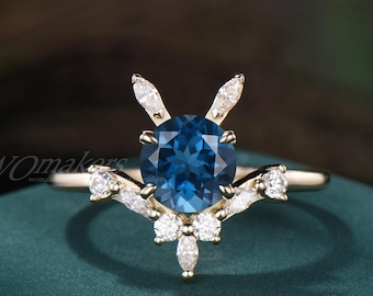 Bunny Inspired 1.2ct Round Natural London Blue Topaz Engagement Ring V Shape 14k Gold Rabbit Ring Moissanite Proposal Birthday Gift For Her