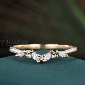 Moissanite Curved Band Marquise Cut And Round Diamond Matching Wedding Band 10k Solid Gold v Shape Band Nesting Ring Stackable Band Women