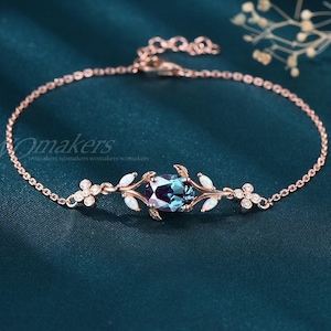Nature Inspired Oval Cut Color Changing Alexandrite Bracelet Leaf Twig Branch June Birthstone Adjustable Bracelet Solid Gold Wedding Gift