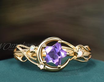 Star Shaped Natural Amethyst Engagement Ring Meteor Trail Crescent Moon Design White Fire Opal Stars Cluster Celestial Ring Proposal Gift