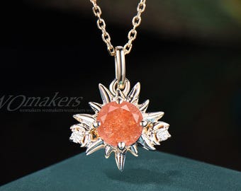 Sonne Halbmond Mond Runde Natürliche Sonnenstein Anhänger Halskette Ohrringe Sunburst 14k Gold Himmlische inspiriert Sonnenschein Orange Edelstein Kette Geschenk