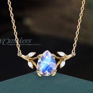 Teardrop Cut Natural Moonstone Pear Shape Pendant Necklace Nature Inspired Leaf Twig Branch Chain Necklace Vintage Drop Necklace Wedding