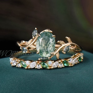 Vintage Oval geschnittene grüne Moos Achat Verlobungsring Set 14k Solid Gold Vine Leaf Aquatic Achat Ring Natur inspiriert Zweig Zweig Versprechen Ring