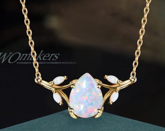 Pear Shape White Opal Twig Pendant Necklace 7*9mm Teardrop Cut Fire Opal Leaf Branch Drop Necklace 14k Solid Gold October Birthstone Gift