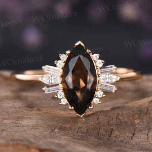 Unique marquise cut natural smokey quartz engagement ring rose gold vintage art deco promise ring for her dainty gemstone jewelry women gift