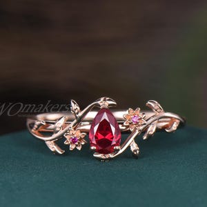 July Birthstone Birth Flower Ring Pear Cut Ruby Larkspur Ring Twig Branch Blossom Solid Gold Dainty Minimalist Floral Ring For Everyday Wear