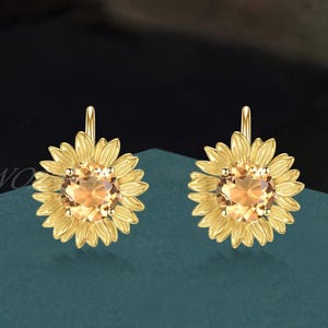Sunflower Drop/Stud Earrings Yellow Citrine 14k Solid Gold Floral Jewelry Nature Inspired Dangle Earrings/Studs Gift For Her Sunny Summer