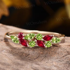 Minimalist Marquise&Round Cut Peridot Ruby Wedding Band Unique Green And Red Gemstone Cluster Ring 14k Yellow Gold Birthstone Birthday Gift