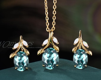 Oval Cut Green Sapphire Hook Earrings Necklace Jewelry Set 14k Yellow Gold Opal Leaf Branch Twig Drop Earring Pendant Wedding Gift Women