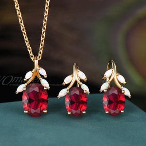 Oval Cut Ruby Necklace And Earrings Fire Opal Leaf Branch Red Gemstone Jewelry Set Gold Drop Earrings Pendant July Birthstone Gift For Her