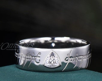 Trillion Cut Moissanite Bezel Ring With Elvish Engraving Lord Of The Rings Inspired Band Men’s Ring 925 Silver/10k White Gold 6mm Wide Band