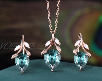 Art Deco Pear Cut Green Sapphire Hook Earrings Necklace Jewelry Set Women 18k Rose Gold Opal Leaf Branch Twig Wedding September Birthstone