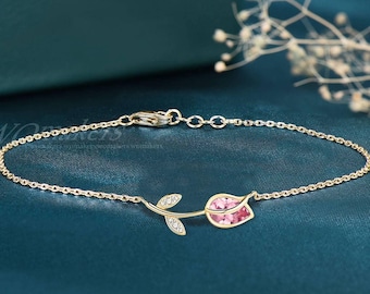 Tulip Adjustable Bracelet Pear Cut Padparadscha Pink Sapphire Unique Bezel Moissanite Leaf Wrist Chain 14k Yellow Gold September Birthstone