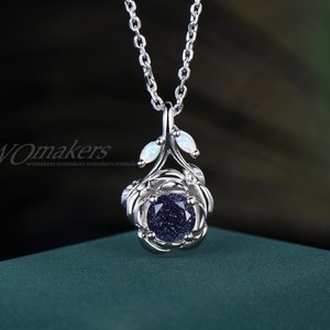Rose Flower Galaxy Blue Sandstone Pendant Necklace Nature Inspired Blue Goldstone Opal Leaf Twig Branch Wedding Chain Necklace Wedding Gift