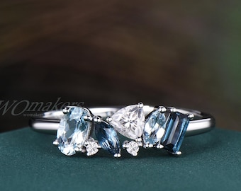 Multi Gemstone Natural Aquamarine And London Blue Topaz Moissanite Ring Mixed Cut Stone Cluster Ring Asymmetrical 14k White Gold Ring Women