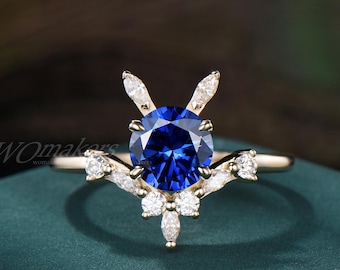 Bunny Inspired Blue Sapphire Round Engagement Ring V Shape Band 14k Gold Rabbit Ring Moissanite Cluster Proposal Birthday Gift For Women
