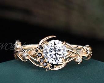 5mm Moissanite/Lab Grown Diamond Crescent Moon Round Engagement Ring 18k Yellow Gold Celestial Shooting Stars Proposal Bridal Jewelry Women