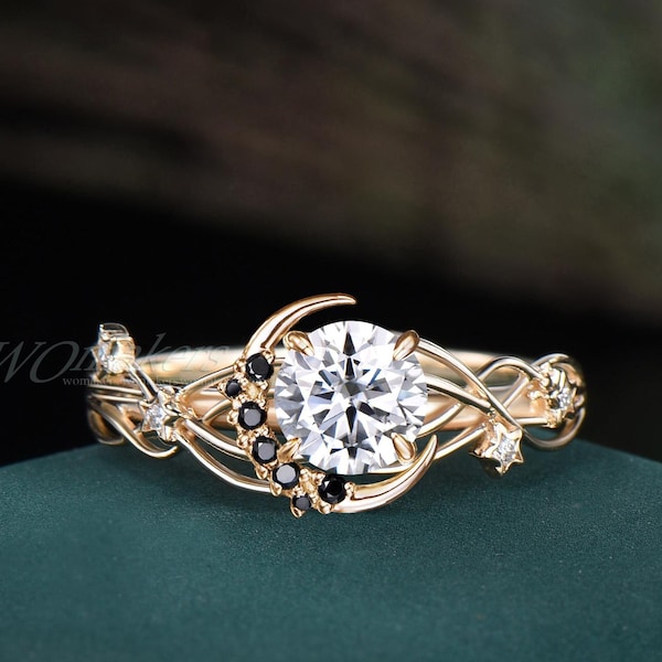 Anello di fidanzamento rotondo a mezzaluna con moissanite/diamante sintetico da 5 mm in oro giallo 18 carati, con stelle cadenti celestiali, gioiello da sposa per proposta di matrimonio.