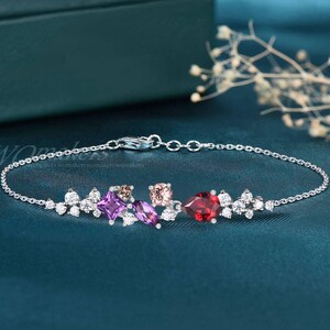 Dainty Mixed Cut Gemstone Adjustable Bracelet Ruby Amethyst Moissanite Morganite Colored Multi Stone Cluster Bracelet Family Birthstone Gift