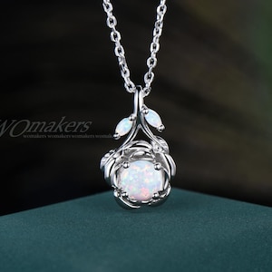 Nature Inspired Round White Opal Pendant Necklace Rose Flower Design Fire Opal Leaf Twig Branch Chain Necklace 925 Silver October Birthstone
