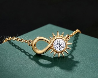 Infinity Sun Necklace, Round Moissanite/Diamond Bezel Pendant,14k Gold Celestial Jewelry,Minimalist Sunburst Chain,Everyday Anniversary Gift