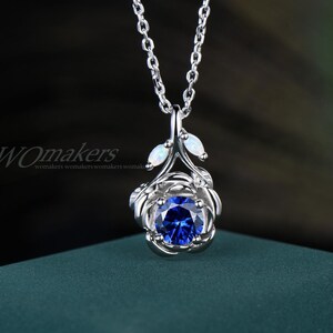 Rose Flower Design Pendant Necklace Twig Branch Round Blue Sapphire Opal Leaf Chain Necklace Nature Inspired Blue Gemstone Drop Necklace