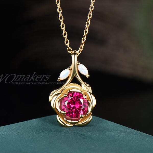 7mm Round Ruby Rose Flower Design Pendant Necklace 14k Solid Gold Nature Inspired Opal Leaf Red Gemstone Chain July Birthstone Wedding Gift