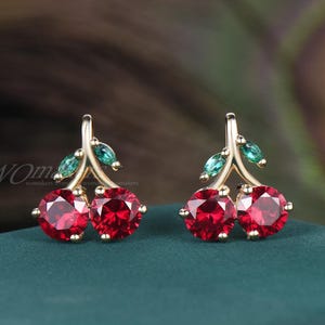 Vintage Cherry Stud Earrings Round Red Ruby Green Emerald Leaf 14k Solid Gold Cute Fruit Jewelry Kawaii Style Y2K Christmas Gift For Her