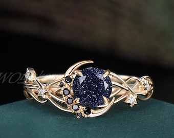 Round Galaxy Blue Sandstone Crescent Moon Stars Promise Ring 14k Gold Black Spinel Celestial Crater Inspired Design Unique Cosmic Jewelry