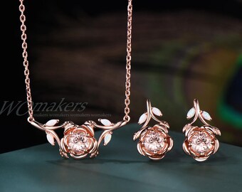 Natural Peach Morganite Round Rose Flower Stud Drop Earrings Necklace Bridal Jewelry Set Opal Leaf Twig Branch 14k Rose Gold Vintage Wedding