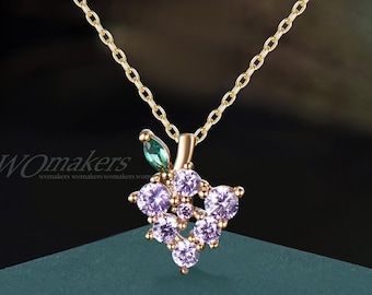 Grape Necklace, Round Natural Amethyst Cluster Pendant, Emerald Leaf Chain, Fruit Jewelry, 14k Solid Gold February Birthstone Gift For Women