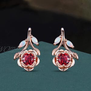 Unique Ruby Opal Rose Flower Hook Earrings, Leaf Branch Ruby Dangle Earrings, Botanical Floral Jewelry, 14k Gold Nature Inspired Earrings