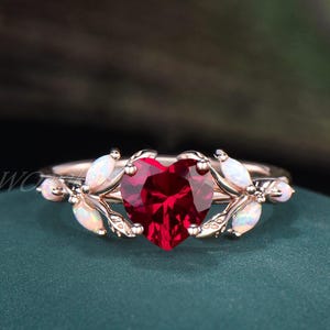Heart Cut Ruby Engagement Ring Nature Inspired Twig Leaf Branch Red Gemstone Wedding Ring 10k Rose Gold July Birthstone Valentine's Day Gift