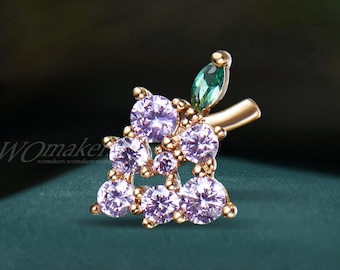 Natural Amethyst Grape Brooch, Round Purple Quartz Cluster Lapel Pin, 14k Solid Gold Emerald Leaf Nature Inspired Broach, Gift For Her