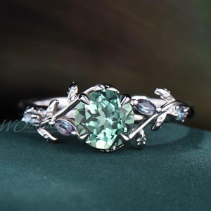Round Cut Green Teal Sapphire Ring Alexandrite Leaf Twig Vine Branch Bypass Engagement Ring Nature Inspired Jewelry Whimsical Forest Style