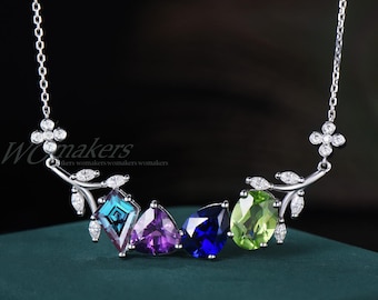 Custom 4 Birthstone Branch Flower Necklace Alexandrite Amethyst Blue Sapphire Peridot Kite Oval Mixed Cut Personalized Family Pendant Gift