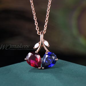 Ruby And Blue Sapphire Love Heart Necklace Double Pear Teardrop Cut Birthstone Pendant Opal Leaf Gemstone Gift For Sister Mother