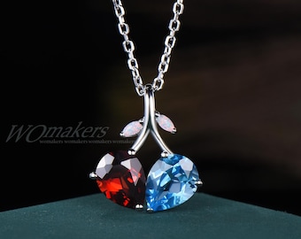 Natural Red Garnet And Swiss Blue Topaz Love Heart Necklace Double Pear Teardrop Cut Birthstone Pendant Opal Leaf Gemstone Gift For Women