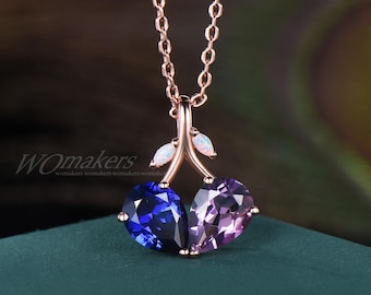 Teardrop Cut Amethyst And Blue Sapphire Love Heart Necklace Double Pear Birthstone Pendant Opal Leaf Gemstone Gift For Sister Mother Silver