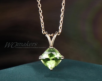 1ct v Bail Cushion Cut Natural Peridot Pendant Necklace,14k Solid Yellow Gold  Solitaire Jewelry August Birthstone Christmas Gifts For Her