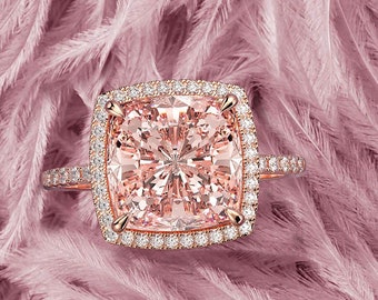 Peach pink morganite silver rose gold plated engagement ring women wedding rings bridal anniversary gift for her big cushion cut gemstone