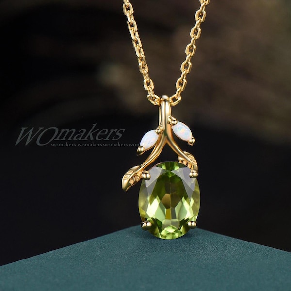 Vintage 2ct Oval Cut Natural Peridot Pendant Necklace 14k Yellow Gold Peridot Opal Leaf Branch Twig Necklace Wedding Gift August Birthstone