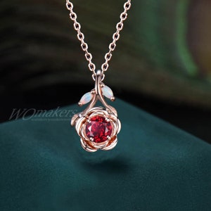 Nature Inspired Rose Flower Design Pendant Necklace 18k Rose Gold Ruby Opal Leaf Wedding Necklace July Birthstone Gift Red Gemstone Necklace