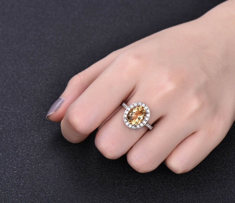 White Gold Citrine CZ Diamond Halo Statement Engagement Ring Half Eternity Wedding Band Vintage Yellow Stone Anniversary Ring