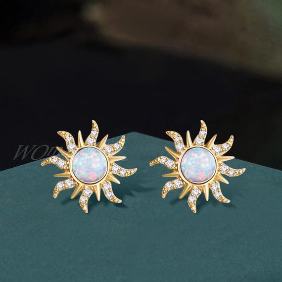 Round White Opal Bezel Sun Earrings Tangled Inspired Studs Rainbow