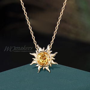 Collana con ciondolo unico &quot;Sole aggrovigliato&quot;, castone rotondo in citrino, collana a goccia in oro massiccio 14k, cristallo giallo sole, pietra portafortuna di Raperonzolo a novembre