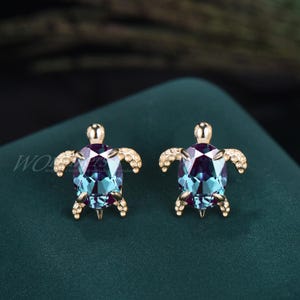 Oval Cut Alexandrite Turtle Stud Earrings Color Changing Gemstone Animal Studs 14k Gold Dainty Ocean Sea Turtle Jewelry June Birthstone Gift